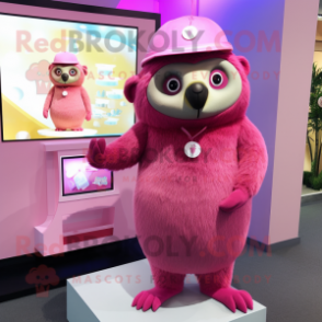 Pink Sloth mascot costume character dressed with a Shift Dress and Hats