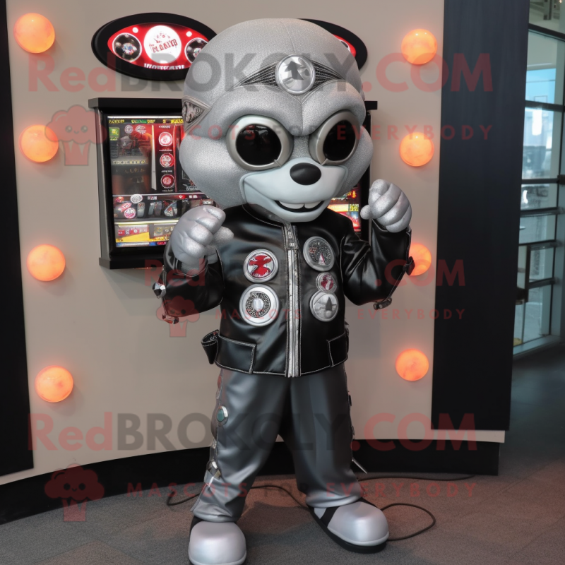 Silver Gumball Machine mascot costume character dressed with a Biker Jacket and Rings