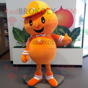 Orange Plum mascot costume character dressed with a Capri Pants and Hair clips