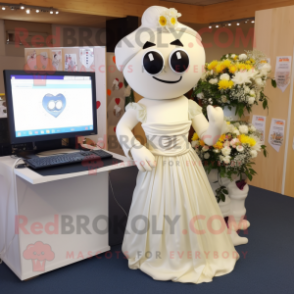 Cream Computer mascot costume character dressed with a Wedding Dress and Headbands