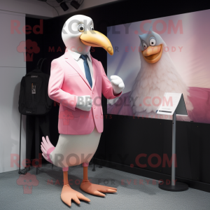Pink Gull mascot costume character dressed with a Suit Pants and Watches