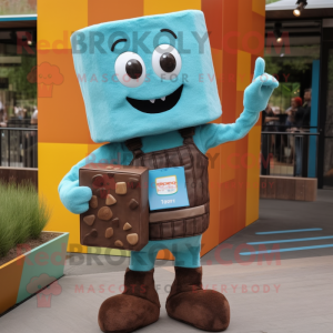 Turquoise Chocolate Bar mascot costume character dressed with a Overalls and Brooches