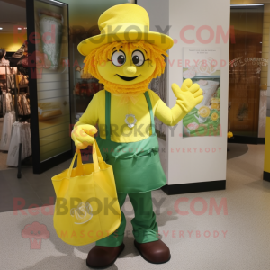Lemon Yellow Leprechaun Hat mascot costume character dressed with a Mom Jeans and Tote bags