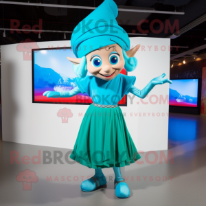 Cyan Elf mascot costume character dressed with a Maxi Skirt and Headbands