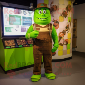 Lime Green Chocolate Bar mascot costume character dressed with a Overalls and Bracelets