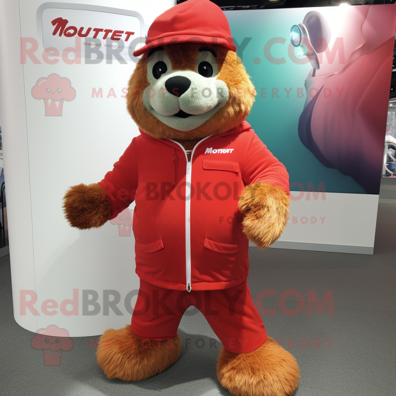 Red Marmot mascot costume character dressed with a Cover-up and Shoe laces