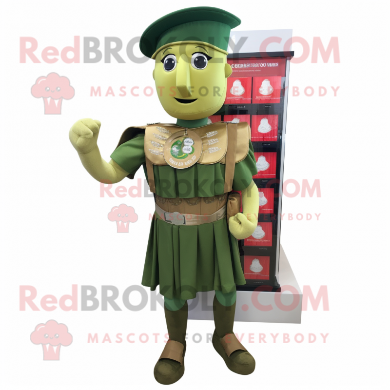 Personaggio in costume della mascotte del soldato spartano verde oliva  vestito con un abito a vita impero e portamonete