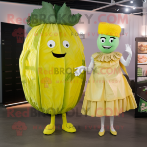 Lemon Yellow Corned Beef And Cabbage mascot costume character dressed with a Cocktail Dress and Belts