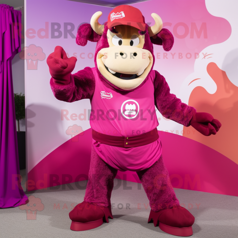 Magenta Beef Stroganoff mascot costume character dressed with a Bermuda Shorts and Brooches