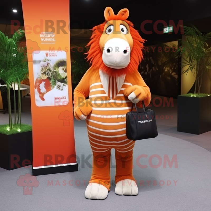 Orange Quagga mascot costume character dressed with a Suit and Clutch bags