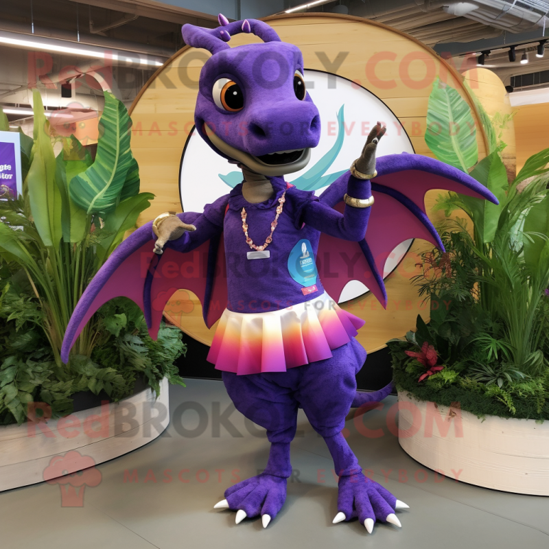 Purple Dimorphodon mascot costume character dressed with a Circle Skirt and Bracelets