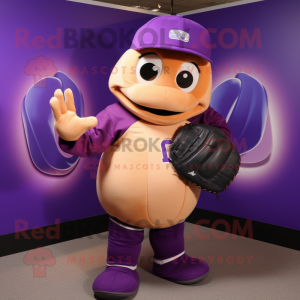 Purple Baseball Glove mascot costume character dressed with a Turtleneck and Messenger bags