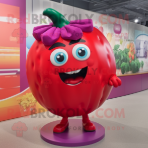 Magenta Tomato mascot costume character dressed with a Playsuit and Earrings