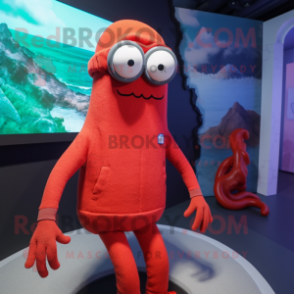 Red Squid mascot costume character dressed with a Sweater and Eyeglasses