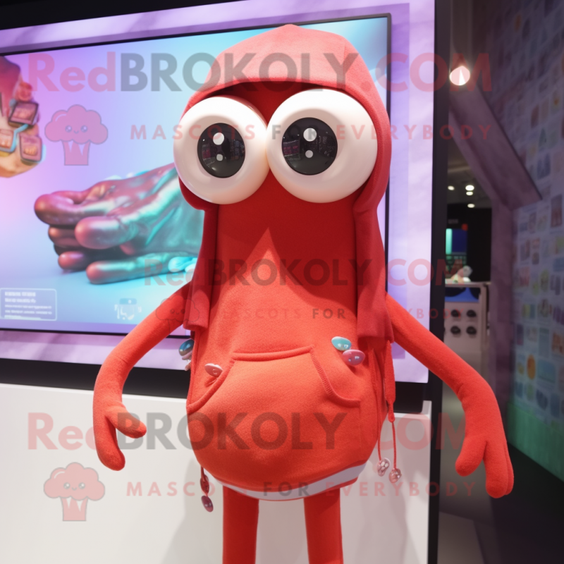 Red Squid mascot costume character dressed with a Sweater and Eyeglasses