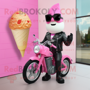 Pink Ice Cream Cone mascot costume character dressed with a Biker Jacket and Shoe clips