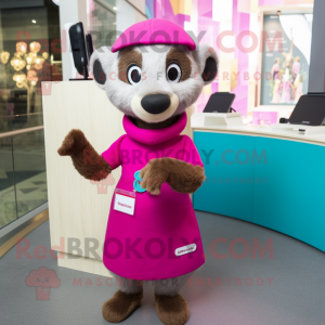 Magenta Meerkat mascot costume character dressed with a Pencil Skirt and Mittens