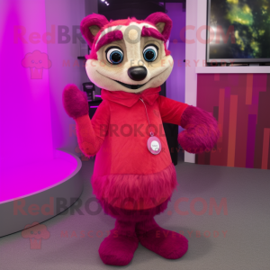 Magenta Meerkat mascot costume character dressed with a Pencil Skirt and Mittens