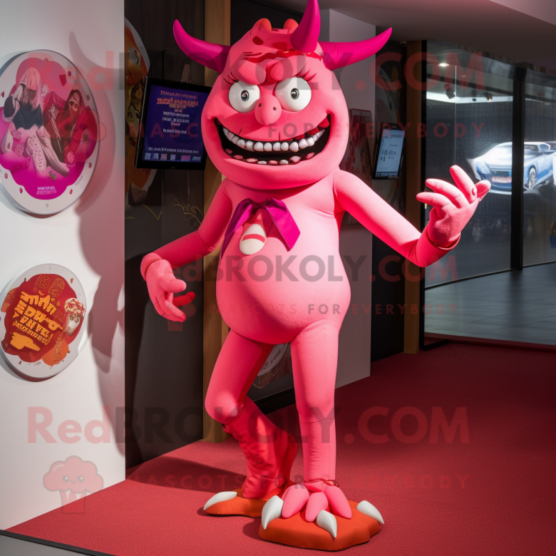 Pink Devil mascot costume character dressed with a Bikini and Tie pins