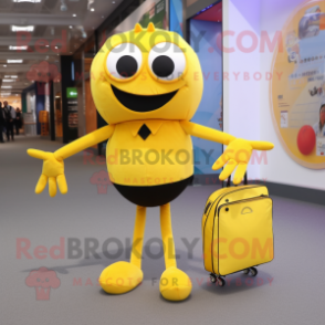 Yellow Spider mascot costume character dressed with a Oxford Shirt and Clutch bags