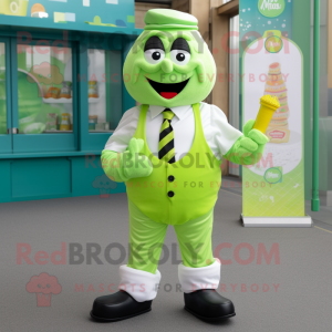 Lime Green Ice Cream mascot costume character dressed with a Waistcoat and Suspenders