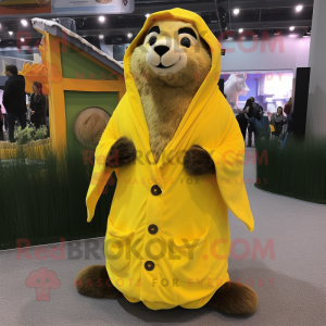 Lemon Yellow Marmot mascot costume character dressed with a Cover-up and Shawl pins