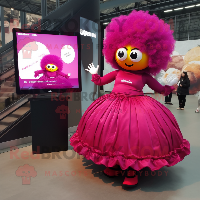 Magenta Shakshuka mascot costume character dressed with a Ball Gown and Smartwatches