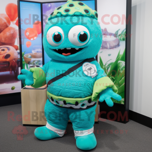 Turquoise Sushi mascot costume character dressed with a Rash Guard and Smartwatches