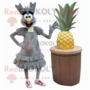 Gray Pineapple mascot costume character dressed with a Midi Dress and Shoe laces