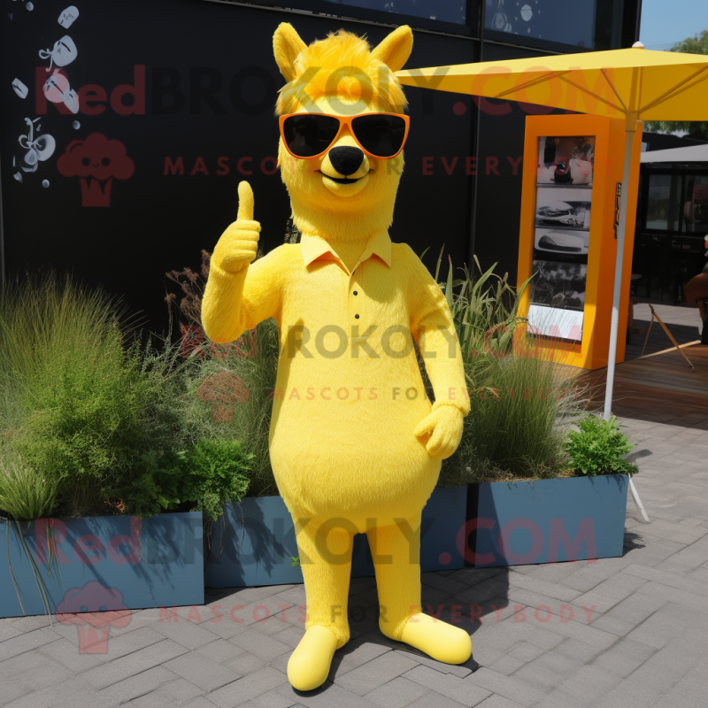 Yellow Llama mascot costume character dressed with a Dress Pants and Sunglasses