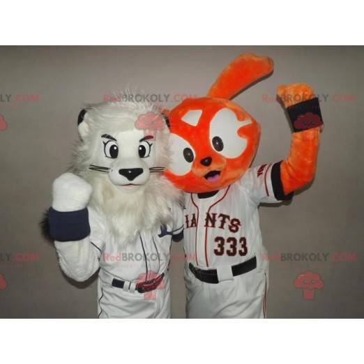 2 mascottes : un lion blanc et un lapin orange - Redbrokoly.com