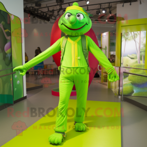 Lime Green Tightrope Walker mascot costume character dressed with a Joggers and Messenger bags