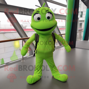 Lime Green Tightrope Walker mascot costume character dressed with a Joggers and Messenger bags