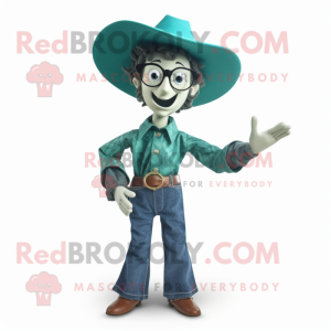 Teal Cowboy mascot costume character dressed with a Mom Jeans and Eyeglasses