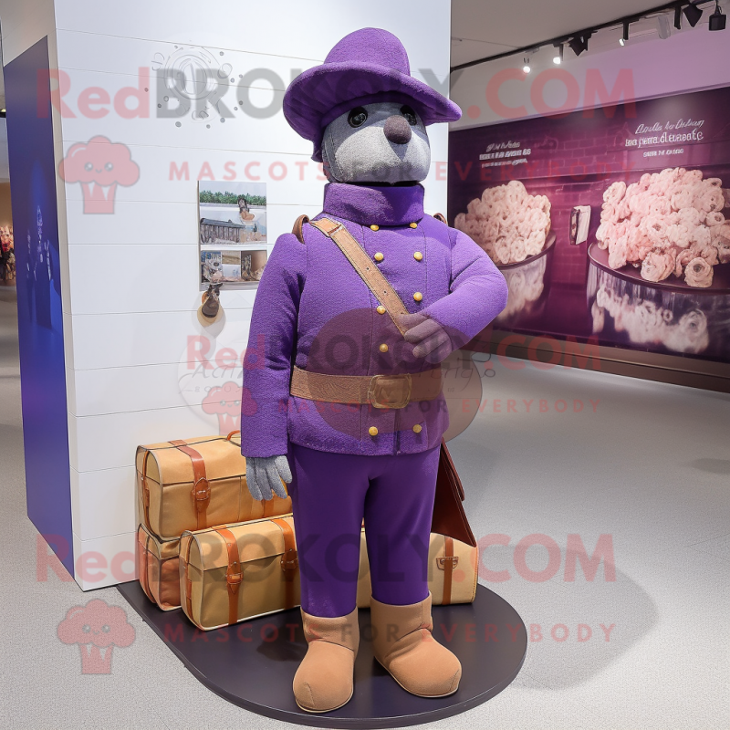 Purple Civil War Soldier mascot costume character dressed with a Cardigan and Messenger bags