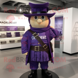 Purple Civil War Soldier mascot costume character dressed with a Cardigan and Messenger bags