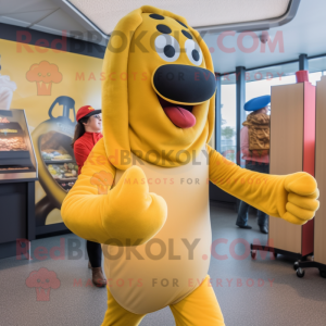 Gold Hot Dogs mascot costume character dressed with a Leggings and Gloves