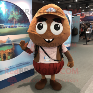 Brown Shakshuka mascot costume character dressed with a Poplin Shirt and Backpacks