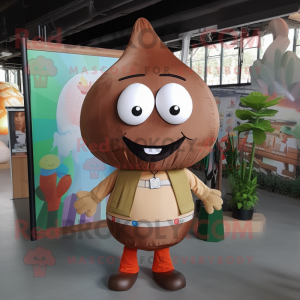 Brown Shakshuka mascot costume character dressed with a Poplin Shirt and Backpacks