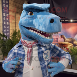 Sky Blue Allosaurus mascot costume character dressed with a Flannel Shirt and Lapel pins