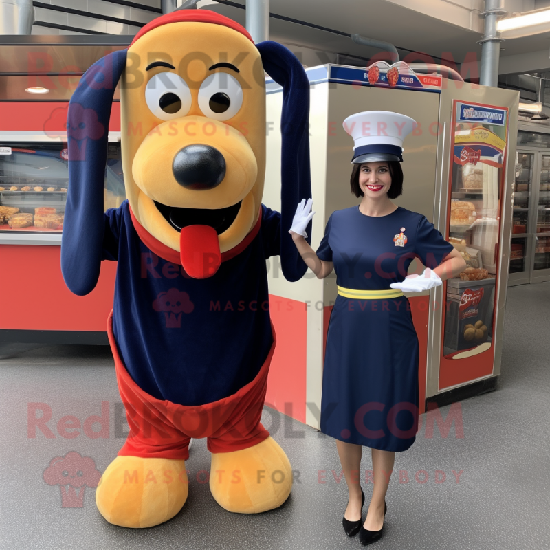 Navy Hot Dogs mascot costume character dressed with a Shift Dress and Earrings