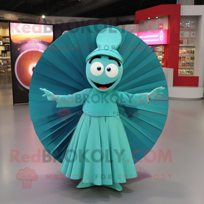 Teal Plate Spinner mascot costume character dressed with a Pleated Skirt and Rings