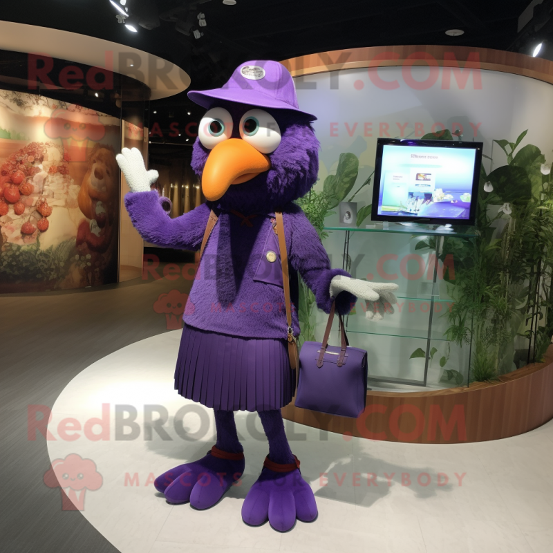 Purple Crow mascot costume character dressed with a Romper and Handbags
