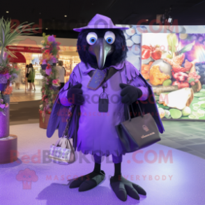 Purple Crow mascot costume character dressed with a Romper and Handbags