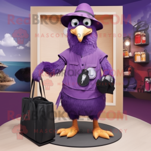Purple Crow mascot costume character dressed with a Romper and Handbags