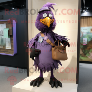 Purple Crow mascot costume character dressed with a Romper and Handbags