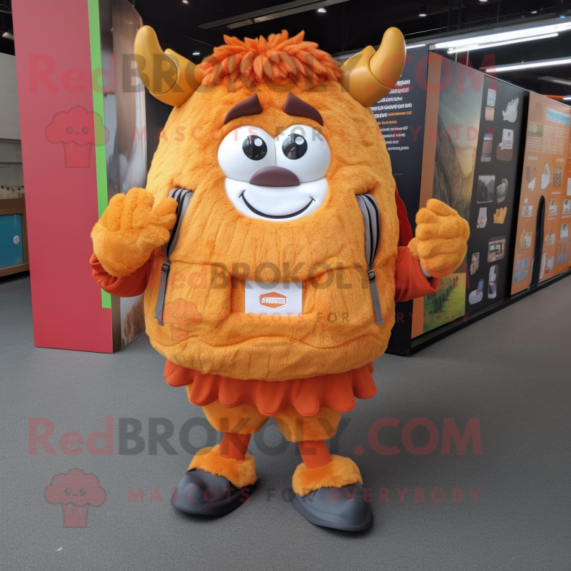 Orange Beef Wellington mascot costume character dressed with a Mini Skirt and Backpacks