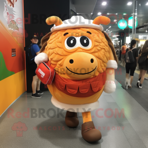 Orange Beef Wellington mascot costume character dressed with a Mini Skirt and Backpacks