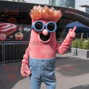 Pink Currywurst mascot costume character dressed with a Denim Shirt and Sunglasses