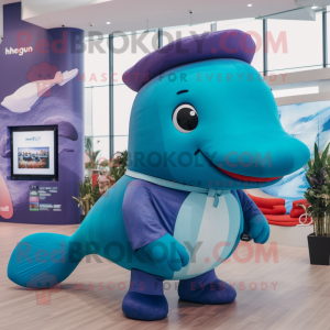 Maroon Blue Whale mascot costume character dressed with a Polo Shirt and Smartwatches